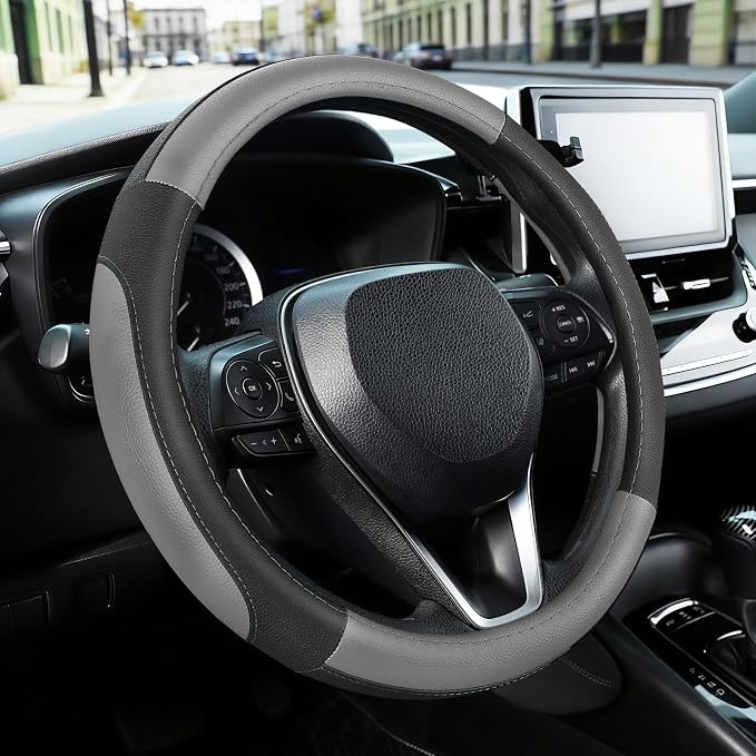 SEG Direct Car Steering Wheel Cover for Prius Civic Model 3 Model Y Camaro, Small Size 14-14.25 inch, Black and Gray Microfiber Leather