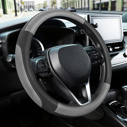 SEG Direct Car Steering Wheel Cover for Prius Civic Model 3 Model Y Camaro, Small Size 14-14.25 inch, Black and Gray Microfiber Leather