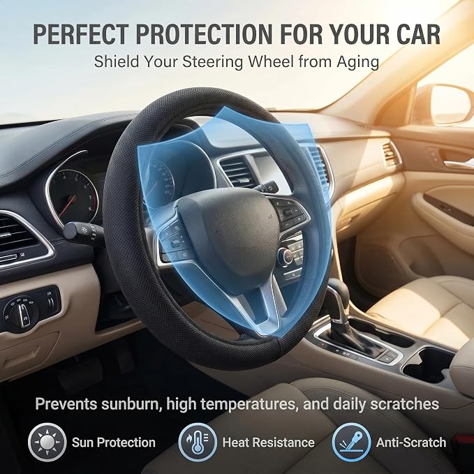 Car Steering Wheel Cover, Breathable Ice Silk Steering Wheel Cover, Elastic Stretch Anti-Slip Wheel Protector, Auto Interior Protection for 14.5" & 15", Fit for SUV Sedan Truck (Black)