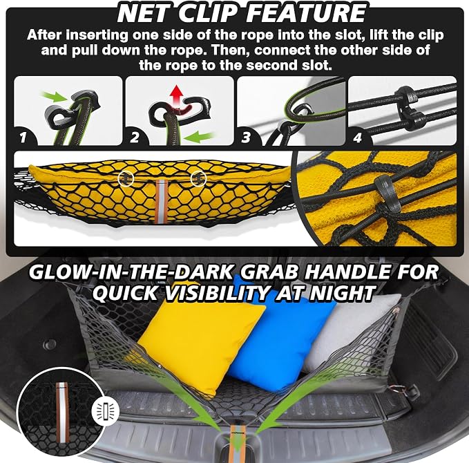 Muslogy Truck Bed Cargo Net Trunk Netting Compatible with 2021-2025 2026 Jeep Grand Cherokee L (3-Row GCL) Accessories, Pickup Cargo Organizer SUV Sedan Storage Net w/Heavy Duty Carabiners