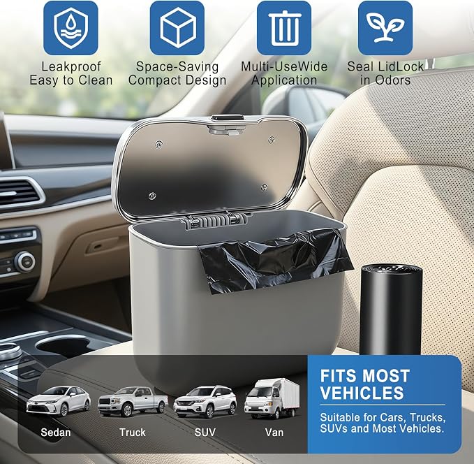 Car Trash Can with Lid, Leakproof Auto Garbage Bin, Hanging Mini Vehicle Trash Bin, Essentials Interior Car Accessories for Organizer, Vehicle Garbage Can for SUV, Truck, Auto (Grey)