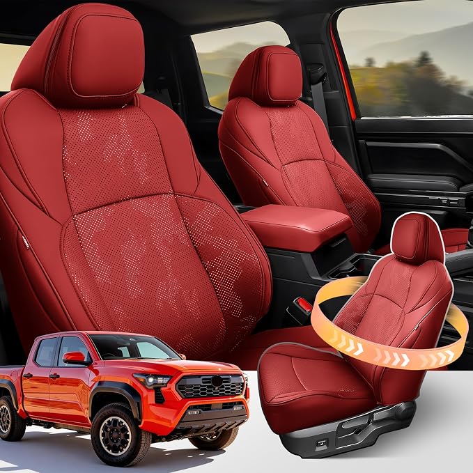 DiffCar® Seat Covers for Toyota Tacoma 2026 2025 2024 Double Cab(Gas Only), Front Seat & Console Covers Only, Faux Nappa Leather Custom Fit Car Protectors Accessories for Tacoma 4th Gen, Red Camo