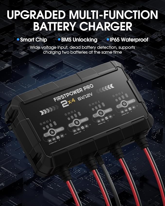 8A 4-Bank Car Battery Charger (2A/Bank) - 6V & 12V Automatic Trickle Charger, Motorcycle Battery Maintainer & Desulfator with Overcharge & Temperature Compensation – for Lead Acid, AGM, Gel, LiFePO4