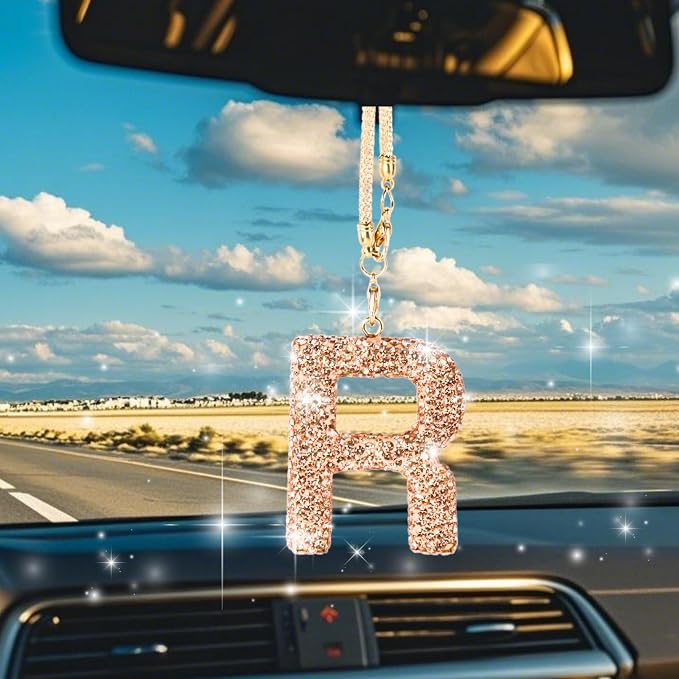 Bling Car Accessories for Women Letter Charm, Rainbow Crystal Rearview Mirror Pendant, Cute Diamond Rhinestone Car Decor, Lucky Gift for Women(R, Champagne Gold)