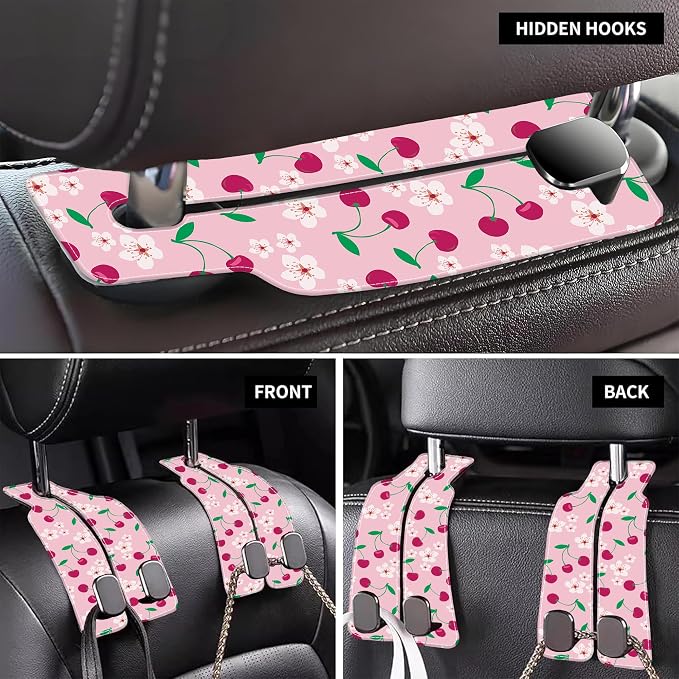 Car Headrest Purse Hanger Cute Floral and Pink Cherries 1 Pack Bag Purse Holder for Car Premium Leather Double Metal Hook for Handbags, Grocery Bags and Phones