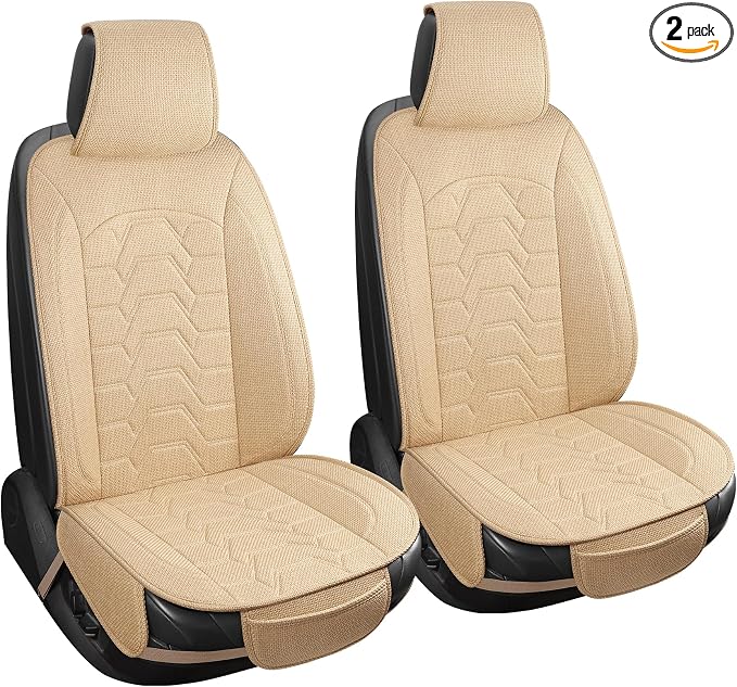 Linen car Seat Covers Breathable Cloth Fabric Seat Protector Front seat Covers Universal Fit for 95% Automotive, Car, Van, SUV, Trucks（（Beige，2PCS）