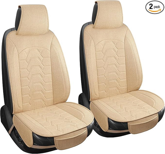 Linen car Seat Covers Breathable Cloth Fabric Seat Protector Front seat Covers Universal Fit for 95% Automotive, Car, Van, SUV, Trucks（（Beige，2PCS）