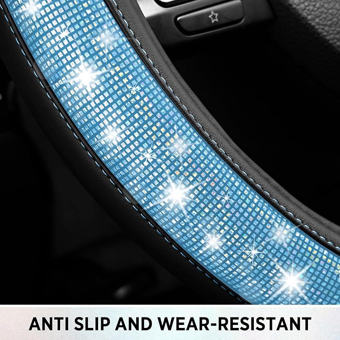 Road Comforts Pixel Glitter Steering Wheel Cover, 14.5–15 Inch Leather Steering Wheels Snug Fit, Anti-Slip Leather Grip, Elegant Sparkle Design, Universal Fit - Light Blue