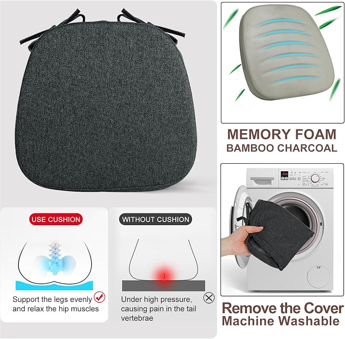 SINOSSO 6 Pack Memory Foam Chair Cushions for Dining Chairs, Friendly Woven Fabric 16" U-Shape Comfortable Kitchen Chair Pads, Removable Slip Resistant Seat Cushions (Set of 6, Black)