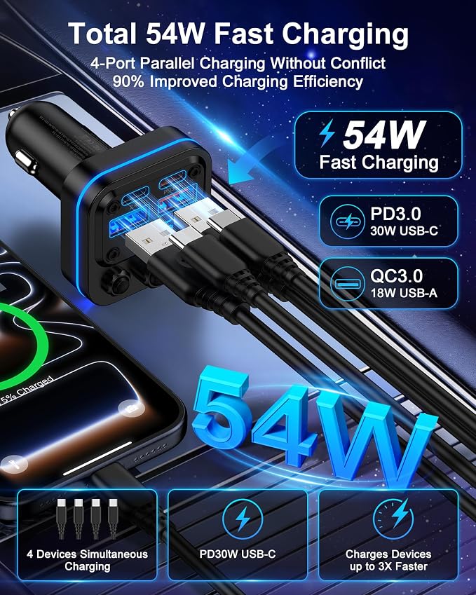 Bluetooth Fm Transmitter for Car, Fast Charging, Blue Tooth 5.4 Car Charger | USB-C USB-A Multi Ports, Wireless Radio Aux Cigarette Lighter Adapter Auxiliary for Samsung Galaxy Android iPhone Apple