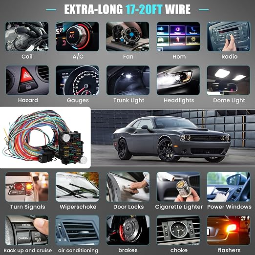 Universal 21 Circuit Wiring Harness Kit Standard Color 17 Fuses | Universal Extra Long Wire 21 Circuit Wiring Harness for GM Chevy Chrysler Dodge Ford Hotrods Plymouth Mopar Mercury Ratrods