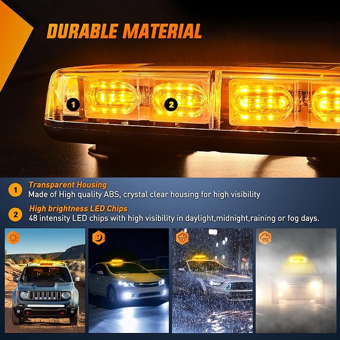 Nilight 12 Inch Roof Top Strobe Lights 48LED Hazard Light Emergency Safety Warning LED Flashing Bar Magnetic Mount 12V 24V Cars Trucks Tractors Snow Plows Construction Vehicles