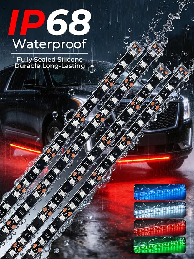 Car LED Strip Lights IP68 Waterproof Cuttable 12inch Red 4 Pcs | 12V Footwell & Underbody Lights, 18pcs 5050 SMD, interior & exterior light, fits SUVs, trucks, motorcycles, boats, golf carts