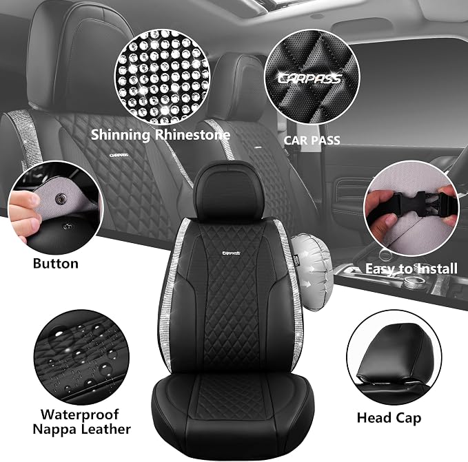 CAR PASS Bling Leather Car Seat Covers & Black Nappa Leather Calfskin Seat Cushioned Protector, Waterproof Anti-Slip Universal Fit SUV Truck Sedan, Glitter Sparkly Shining Rhinestone, Silver Diamond