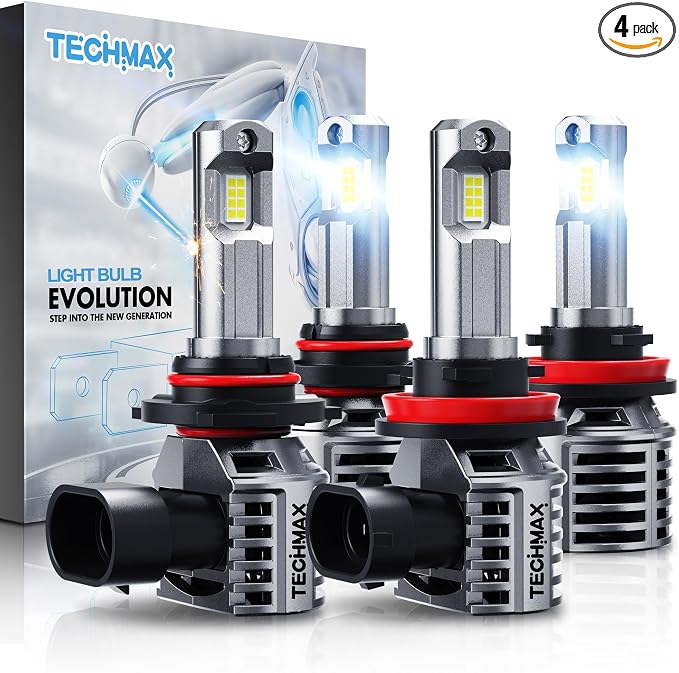 TECHMAX H11+9005 Fog Light Bulb with Cooling Fan, +600% Ultra Brightness 30000lm 6500K White ATV UTV Plug and Play, Pack of 4