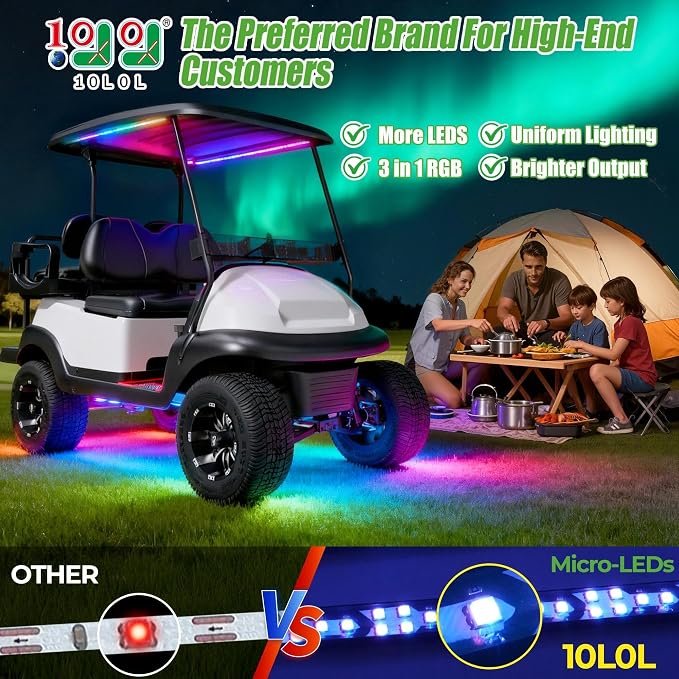 10L0L 6PCS Golf Cart Underbody Light Kit, Underglow LED Strip for EZGO Club Car Yamaha, 24 Modes Multicolor RGB Music Sync Waterproof, Canopy Lights Optional (6 Pack(4 Underbody and 2 Roof-Fishbone))