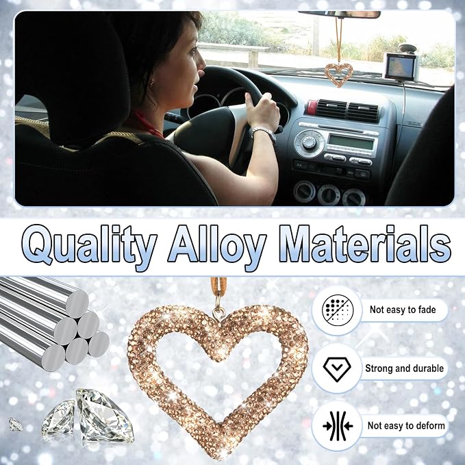 Bling Heart Car Hanging Accessories, Car Accessories for Women, Bling Rear View Mirror, Universal Bling Heart Diamond Car Accessories for Cars, Trucks, SUVs (Golden)
