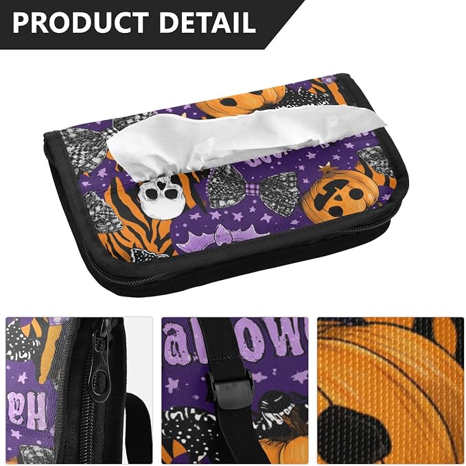 Car Tissue Holder Car Napkin Holder Car Tissue Box Dispenser Storage Case Sun Visor Mask Holder with Adjustable Straps Reusable Refillable Halloween Tiger Stripe Purple Orange