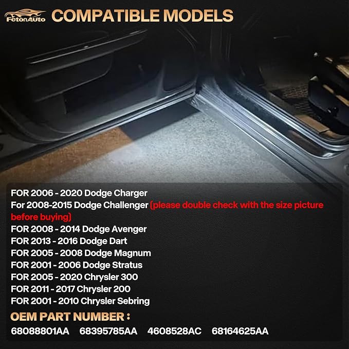 2PC White LED Door Courtesy Lights Welcome Lamp for 2006-2020 Dodge Charger | Challenger Stratus Magnum Avenger Dart Chrysler 300 200 Sebring, Under Door Step Footwell Puddle Lights, Car Door Logo Lights