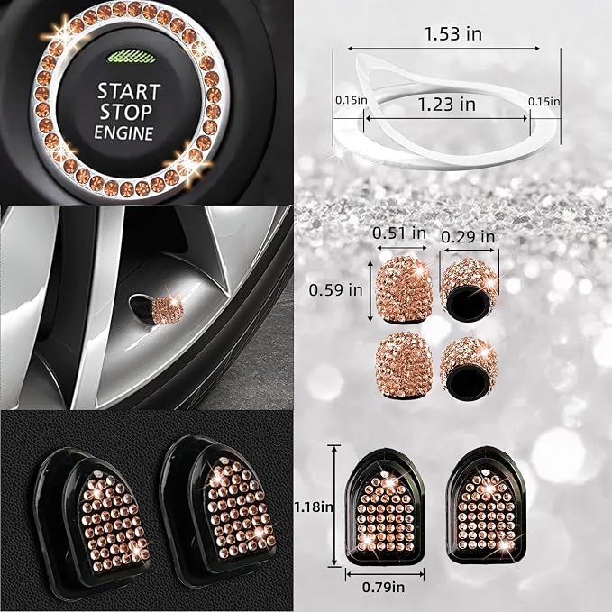 NBTEPEM 27 PCs Gold Champagne Bling Car Accessories Set for Women, Steering Wheel Covers Universal Fit 15 Inch, Bling License Plate Frame, Bling Phone Holder, Bling Car Coasters