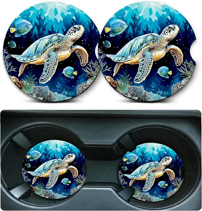 2 Pack Sea Turtle Car Cup Holder Coasters Universal Neoprene Coasters | 2.75" Universal Size Anti Slip Rubber Mat, Auto Cup Holder Accessories for SUV Truck, Sea Turtle Gifts for Women Men Mom