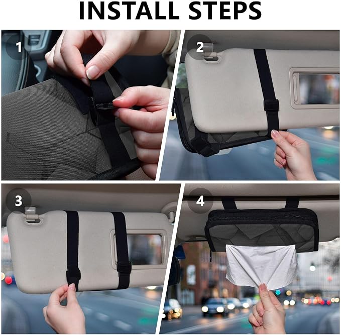Car Tissue Holder Car Napkin Holder Car Tissue Box Dispenser Storage Case Sun Visor Mask Holder with Adjustable Straps Reusable Refillable Black Geometric Polygon
