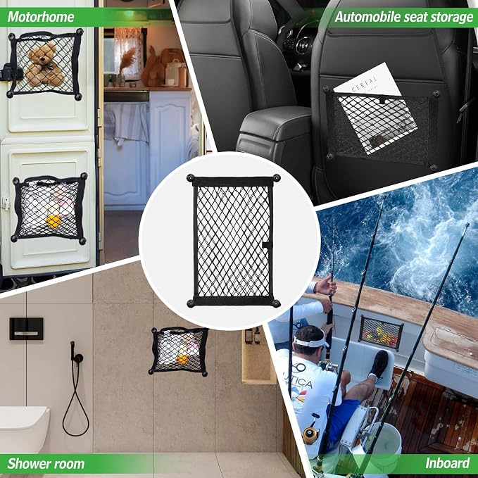 2 Pcs Small Cargo Net- Car Storage Organizer with Elastic Pocket | 9.8×13.7in Cargo Storage Net Trunk/Boat/Home Storage Mesh/ RV/ Screws/Hooks