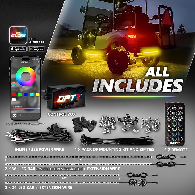 OPT7 Aura Pro RGB Aluminum Golf Cart Underglow with App & Remote, 12V | Waterproof Rigid LED Bar, Multicolor Music Sync Lighting, Neon Accent Lights, Outdoor Decoration for EZGO Yamaha Club Car