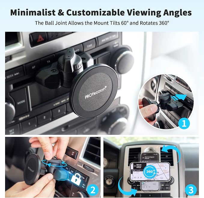 PROfezzion Car CD Slot Magnetic Phone Mount Holder for MagSafe iPhones | Vent Clip Included, No Vibrating, Powerful Magnets Compatible with MagSafe for iPhone 17 16 15 14 13 12 Pro Max & All Phones