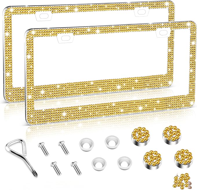 Amiss Bling License Plate Frame for Women, 2Pack Rhinestone Handcrafted Crystal Premium Stainless Steel, Stainless Steel Car Decorative Accessories with Diamond Sparkle Glitter Caps (Gold)
