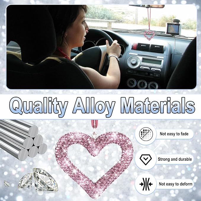 Bling Heart Car Hanging Accessories, Car Accessories for Women, Bling Rear View Mirror, Universal Bling Heart Diamond Car Accessories for Cars, Trucks, SUVs (Pink)