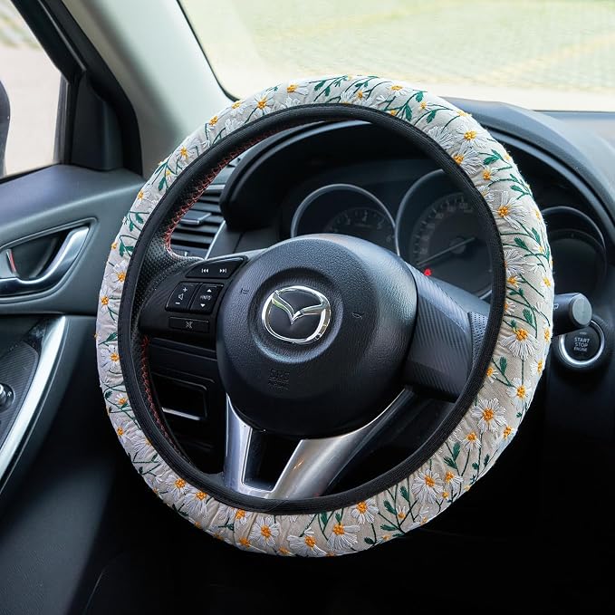Embroidered Flowers White Cute Daisy Steering Wheel Cover Auto Anti-Slip Breathable Steering Wheel Protector,Floral Car Accessories for Women,Universal Size Fit Most Cars -15 inch
