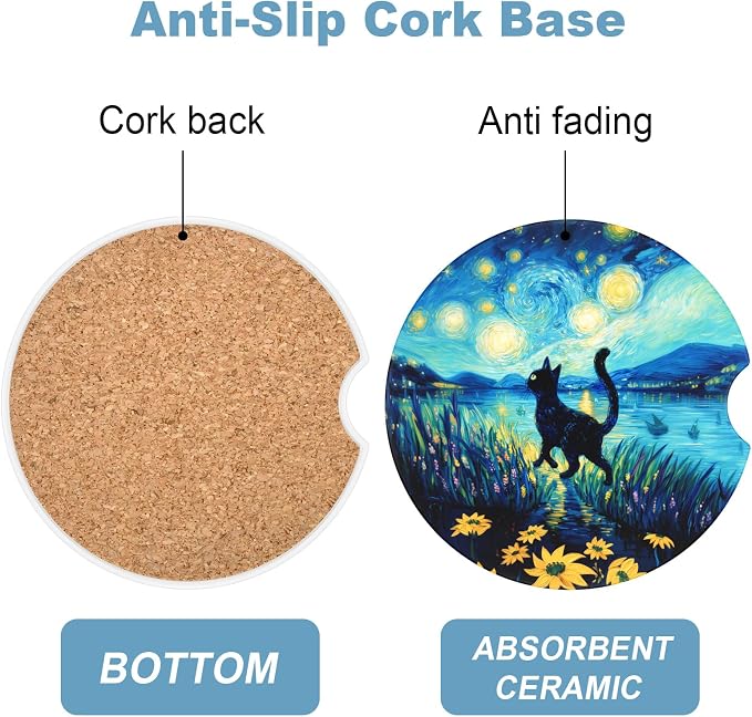 2 Pack Car Cup Holder Coaster, 2.63 inch Anti Slip Insert Absorbent Ceramic Car Coaster with Cork Base and Finger Notch, Cute Car Accessories Interior for Women, Cute Car Coasters.
