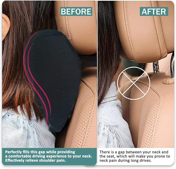 Super Fit Car Headrest Pillow, Car Pillow for Driving with Adjustable Strap | 100% Memory Foam Neck Pillow, Breathable Removable Cover & Ergonomic Design - Softness Travel Car Neck Pillow(Black, 1PC)