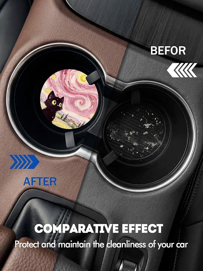 WOCOCN Car Coasters for Cup Holders - 2 Pack 2.75" Universal Rubber Car Cup Coaster, Non-Slip Waterproof Car Interior Accessories, Cute Car Decor Gifts for Women and Men (Pink Starry Sky Cat)