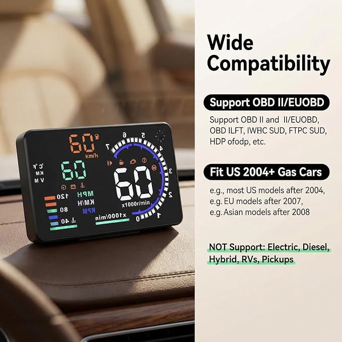5.5 inches A8 OBD2 Windshield HUD Head Up Display with Display RPM MPH Speeding Warning Fuel Consumption Temperature