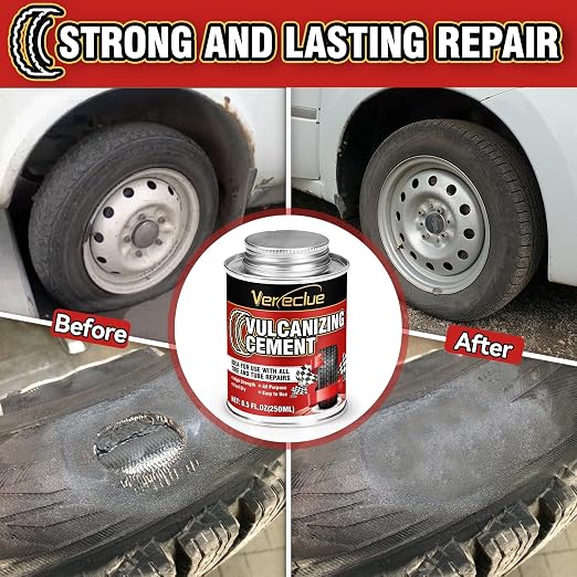 Chemical Vulcanizing Cement, Clear Tire Repair Glue, All Purpose Rubber Cement, Heavy Duty Tire Patch Kit with Brush Top Can for Car, Motorcycle, Bike, 17Oz