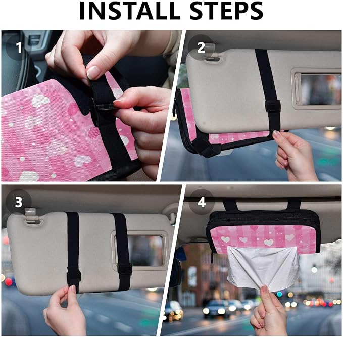 Car Visor Tissue Holder Mask Holder for Car, Car Tissue Box Sun Visor Napkin Holder Car Visor Accessories Adjustable Straps Reusable Durable Easy to Install Pink White Plaid Checkered Hearts