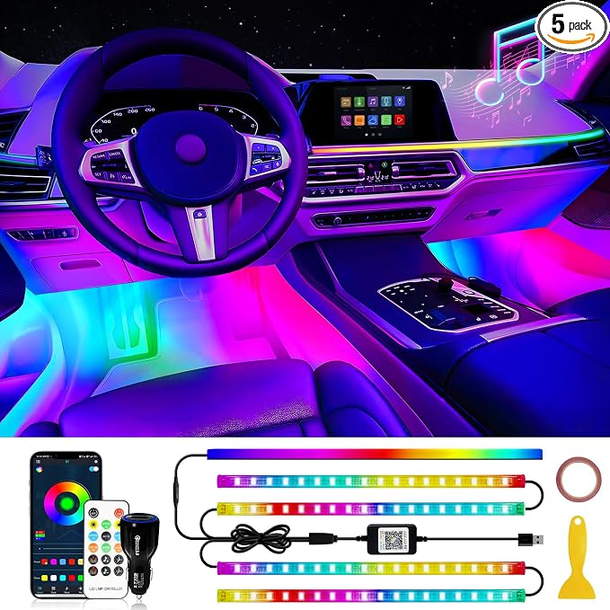 DUOFU365 Car Led Light Interior, RGB Dreamcolor Inside Light Music Sync | Under Dash Footwell automotive Strip Light, 12V Acrylic Strip Light for Vehicle, Truck,Jeep, SUV with Car Charger(1set)
