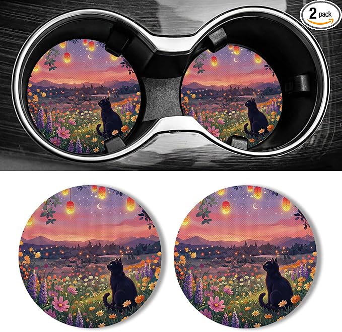 WOCOCN Car Coasters for Cup Holders - 2 Pack 2.75" Universal Rubber Car Cup Coaster, Non-Slip Waterproof Car Interior Accessories, Cute Car Decor Gifts for Women and Men (Scenery & Cats)