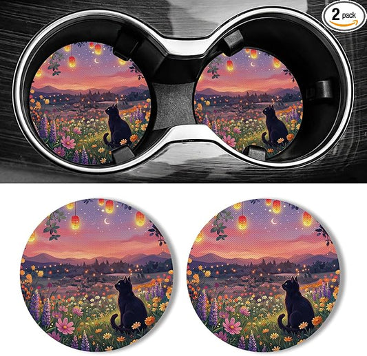 WOCOCN Car Coasters for Cup Holders - 2 Pack 2.75" Universal Rubber Car Cup Coaster, Non-Slip Waterproof Car Interior Accessories, Cute Car Decor Gifts for Women and Men (Scenery & Cats)