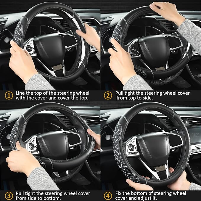 West Llama Customized Auto Car Steering Wheel Cover for Honda Civic, CR-Z, Insight, S2000, 14" - 14.25" (Black+Gray-Small Size)