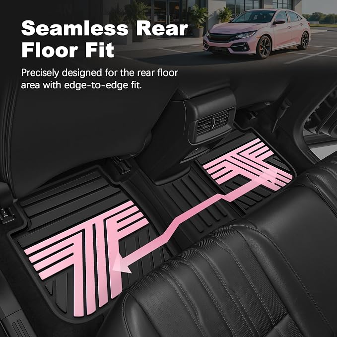 Rubber Floor Mats for Honda Civic Sedan 2016-2021 | All Weather Heavy Duty Car Mats Also Fit for Hatchback 2017-2021 & Coupe 2016-2020, 1st & 2nd Row, Black & Pink