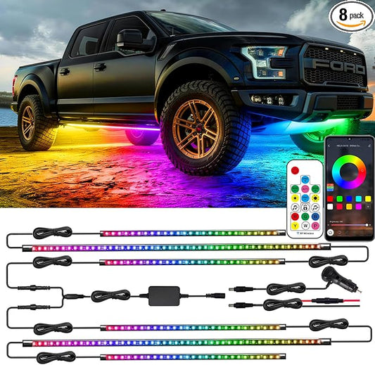 ‌Glowlendra RGB-IC Smart Underglow Lights Kit for Cars, 6Pcs Waterproof LED Strip Lights with APP Remote Control, 16 Million Colors Music Sync DIY Modes for SUVs Trucks