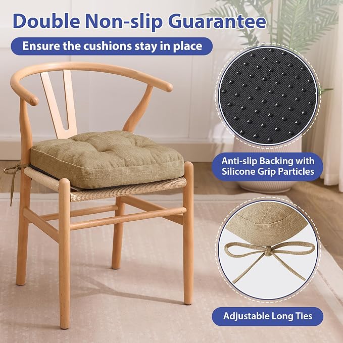 IASEAHK Chair Cushions for Dining Chairs, Dining Chair Cushions, Tufted Indoor Chair Pads with Ties & Non Slip Backing, Seat Cushions for Kitchen Chairs 16.5” x 16.5” x 3.5”, Set of 2, Khaki