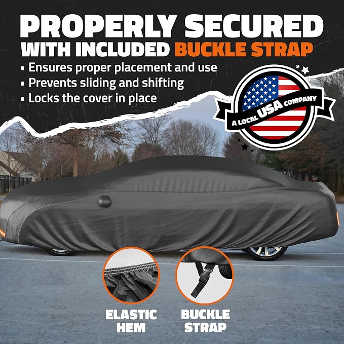 Mockins 175"x70"x60" XS Sedan Car Cover Waterproof All Weather Protector | Heavy Duty 250G PVC & Cotton Lined Car Covers for Automobiles | Windproof Full Exterior Covers w/ Buckle Strap & Reflectors