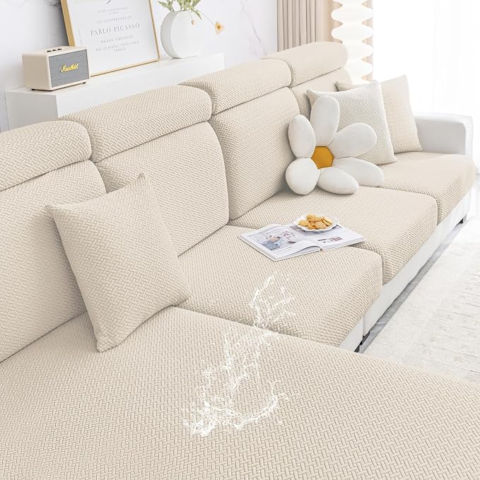 Smiry Waterproof Couch Cushion Covers, Stretch Jacquard Thick Sofa Cushion Covers, Washable Seat Slipcover Elastic Furniture Protector for Pets, Kid (3PC, Apricot)
