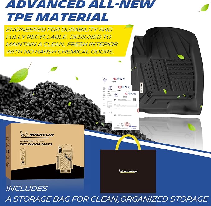 Michelin Vehicle Mats, All-Weather TPE Custom Fit Liner for 2019-2026 Silverado/Sierra 1500 & 2020-2026 2500/3500 Crew Cab Bucket Seat Carpet Floor with Rear Under-Seat Storage, Elite