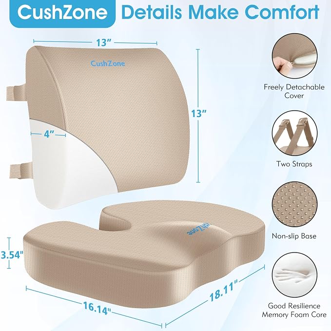 CushZone Ergonomic Seat Cushion & Lumbar Support Pillow - Memory Foam for Sciatica Pain Relief & Posture Correction, Non-Slip Chair Cushions for Office Chair/Car/Wheelchair/Travel, Khaki X-Large