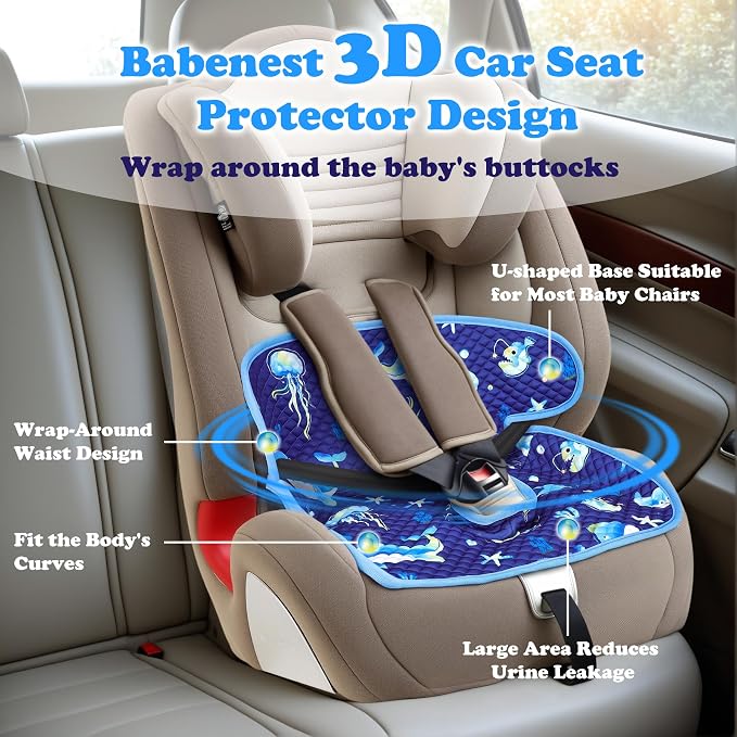 Babenest Car Seat Potty Protector Cover -Waterproof Carseat Training Liner for Baby &Toddler Shower Gifts, Dry Piddle Pee Pad with Fun Designs for Strollers & Infant Car Seats (2pcs Whale-Blue)